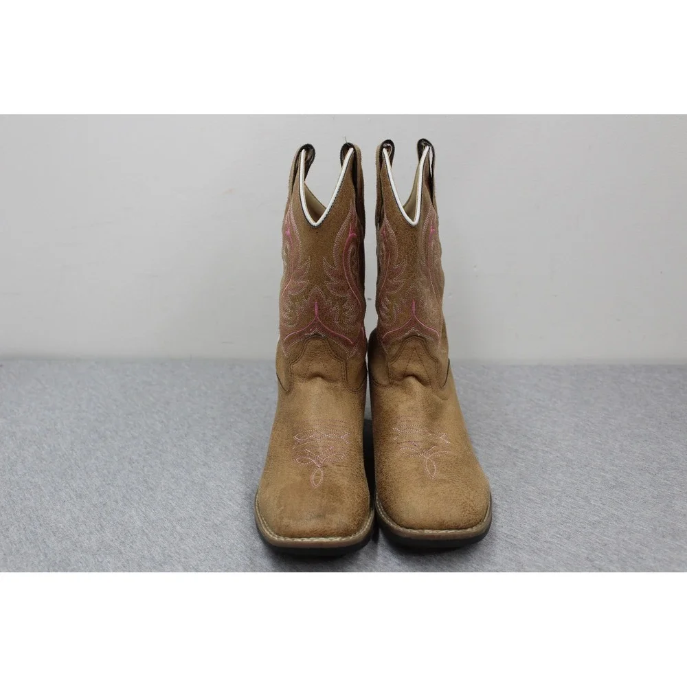 BVB9155 Boots Girls Size 3 Tan Pink Western Cowboy Square Toe Embroidered